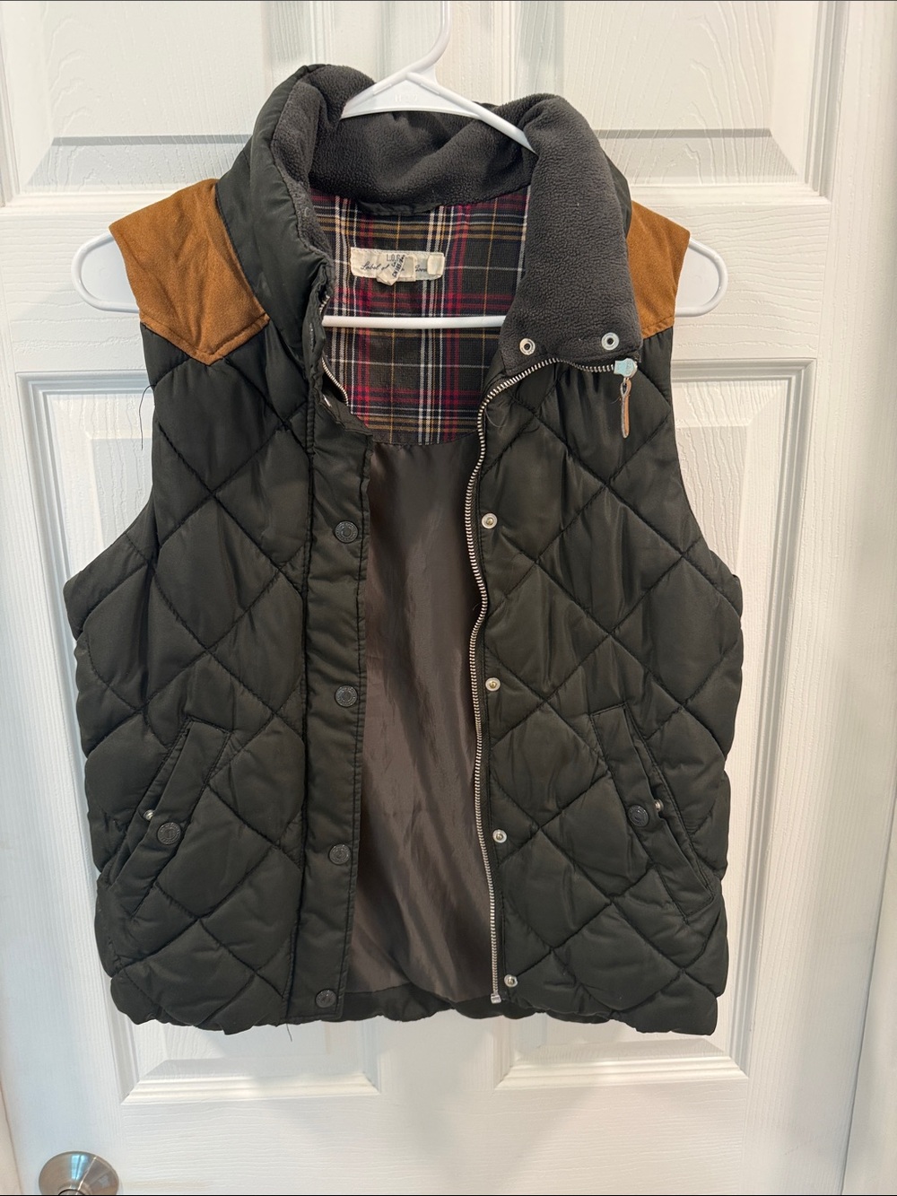 Urban Outfitters Quilted Olive Green Vest with Brown Shoulder Accents